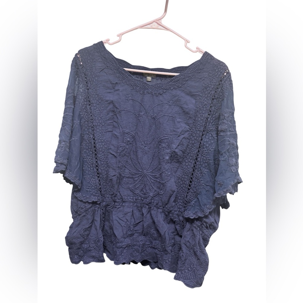 Coco + Carmen Navy Embroidered Boho Blouse XXL | Flutter Sleeve Lace Peasant Top